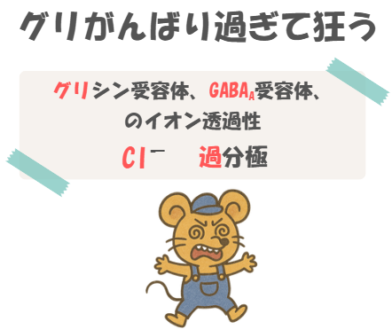 薬理のグリシン受容体、GABAA受容体の語呂合わせのイラスト付き説明図。
